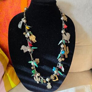 Vintage Mexican Wedding Charm Necklace w/ Glass, Plastic, Metal Charms 30"
